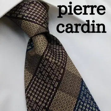 피에르 가르뎅 고급 실크 넥타이 체크 무늬 브라운