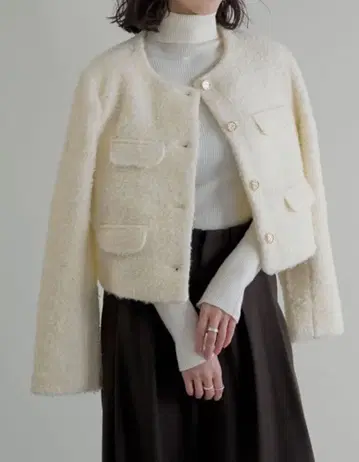 Re:EDIT 보아 리본 금장 버튼 노카라 트위드 자켓