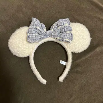 지금 바로 당일 발송 가능 미키 귀 머리띠 체크 무늬 리본 포함 화이트