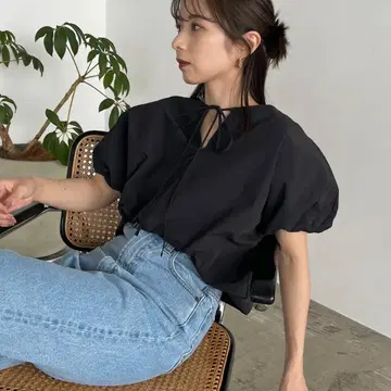 [shio 기획] 벌룬 리본 블라우스 세련된 여성용 퓨어 블랙