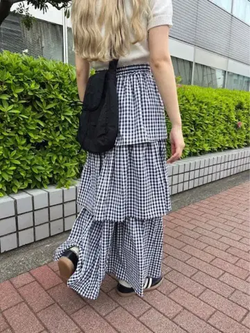 새상품 WEGO 깅엄 티어드 롱 스커트