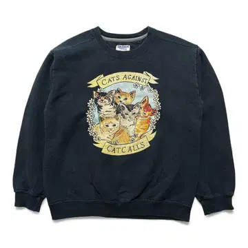 USA 구제 의류 애니멀 프린트 고양이 맨투맨 트레이닝복 블랙 고양이