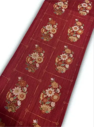 [순수 실크 후쿠로 오비] 변형 격자에 풀꽃 길이 4.4 미사용 새상품급