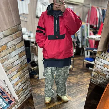 asics 90s 구제 의류 L 아노락 레드 나일론 자켓 후드 부착