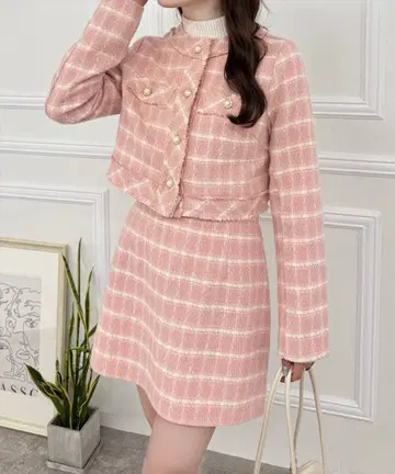트위드 셋업 자켓 스커트 핑크 체크