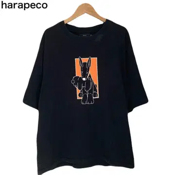 하라페코 애니멀 T셔츠 블랙 강아지 곰 봉제 인형 반팔 프린트 M