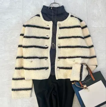 새상품급 시너리 트위드 보더 니트 자켓 알파카 혼합