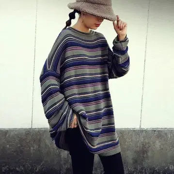 대특가 새상품급 안티카 레트로 보더 니트 스웨터 오버 사이즈