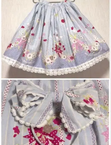 베이비더스타즈 샤인브라이트 스카이블루 꽃무늬 미디 스커트