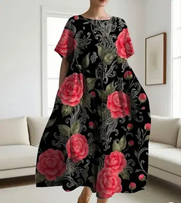 블랙 베이스에 피는 대형 로즈 | 성숙한 엘레강트 플레어 원피스
