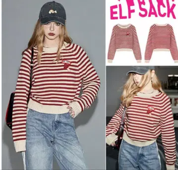 ELF SACK 로고 버섯 장식 보더 숏 기장 니트