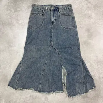 데님 롱 스커트 플레어 컷오프 L 사이즈 라이트 블루