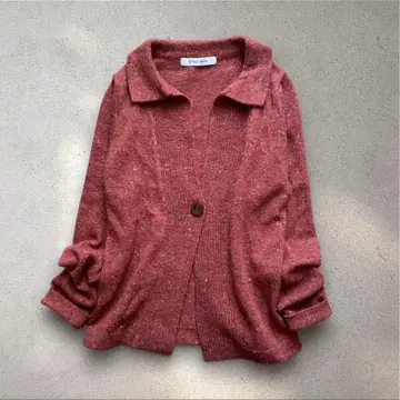 니트 폴로 가디건 울 카라 부착 보르도 미들 게이지 가디건