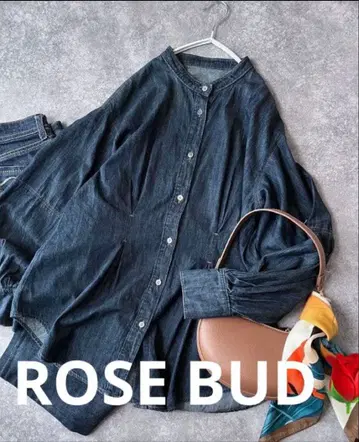 로즈버드 데님 셔츠 블라우스 밴드 카라 코튼 블루 J15
