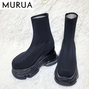 컨디션 최상 MURUA 무루아 에어솔 삭스 부츠 통굽 백 지퍼