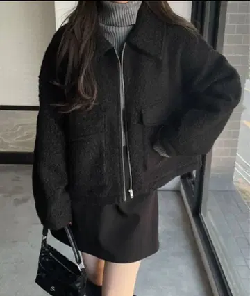 andme 더블 포켓 시프톤 보아 자켓 블루종 블랙