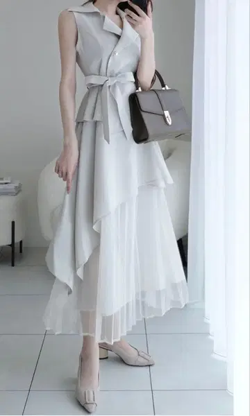 리본 벨트 부착 아지메 트렌치 원피스