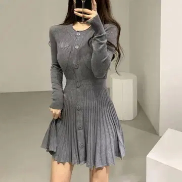 [ 당일 발송 ] 니트 원피스 플리츠 미니 기장 신축성 슬림 한국 그레이