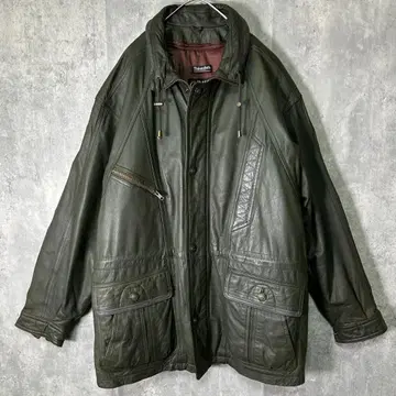 레어 컬러 다크 그린 극상 가죽 카 코트 충전솜 라이너 빈티지