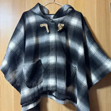 후드 부착 체크 무늬 판초