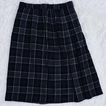 닥스 체크 무늬 플리츠 스커트 울 혼방 네이비 M 고급 고급