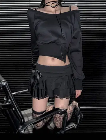 [ 미사용 새상품 ] 블랙 리본 레이스 스커트 발레코어 숏 모드 신축