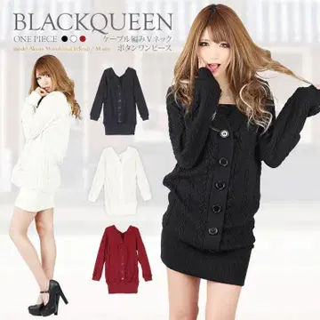 BLACK QUEEN 블랙퀸 케이블 짜임 V넥 니트 원피스