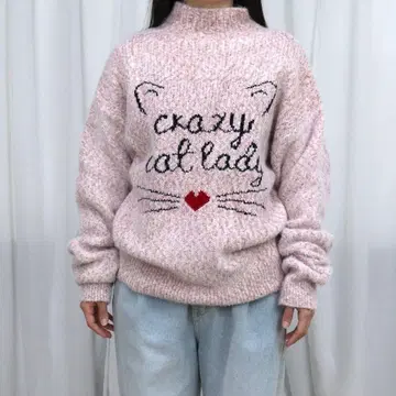 니트 스웨터 여성용 가을 겨울 고양이 상의 긴팔 터틀 니트 핑크