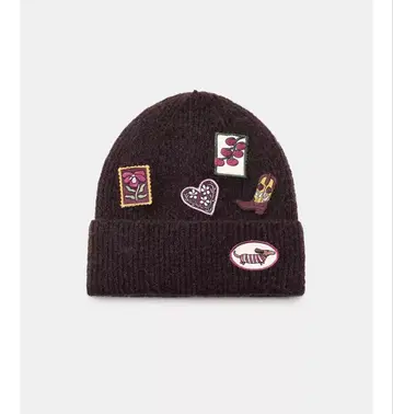 ZARA 다크 브라운 자수 패치 니트 비니