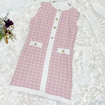 [ 클리어 ] 핑크 체크 무늬 슬리브리스 원피스(F)