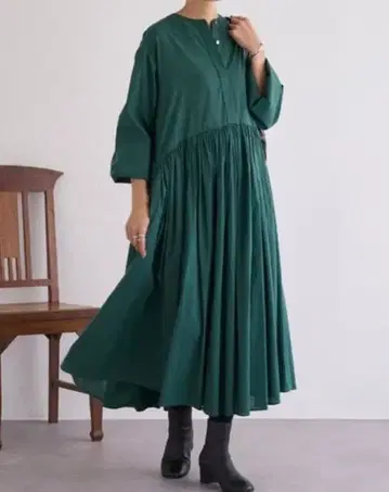 택 포함 새상품 비어즐리 개더 원피스 다크 그린