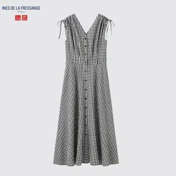 유니클로 이네스 코튼 플레어 V넥 원피스 깅엄 체크 블랙