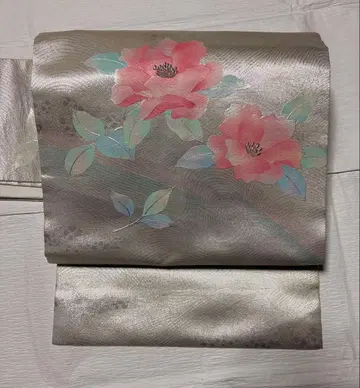 미사용 나고야 오비 실버 핑크 꽃무늬