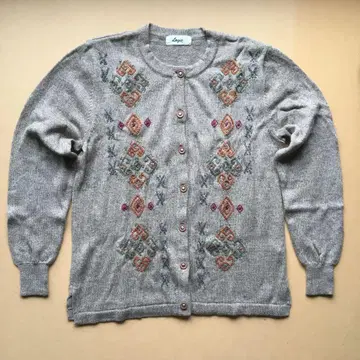 Logie 자수 그레이 긴팔 가디건