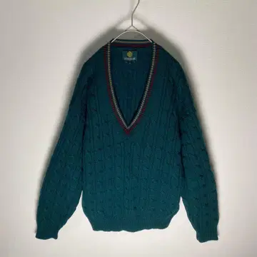 케이블 짜임 V넥 니트 스웨터 다크 그린 울 100% L