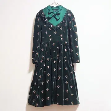 b 쇼와 레트로 빈티지 벨로아 리본 원피스 꽃무늬 자수 보타이