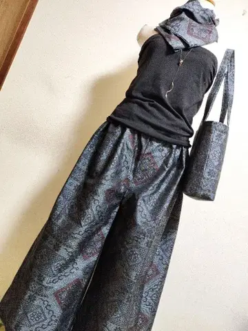 1853 기모노 리메이크 오시마 명주 가우초 팬츠 & 숄더 백 + 스톨