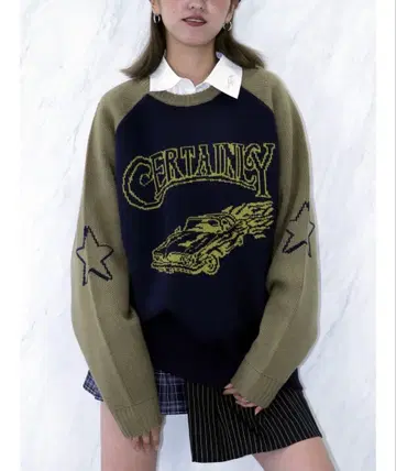 jouetie 그런지 래글런 루즈 니트 네이비