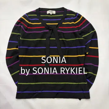 보더 니트 블랙 멀티 컬러 리본 포함 긴팔 배색 디자인