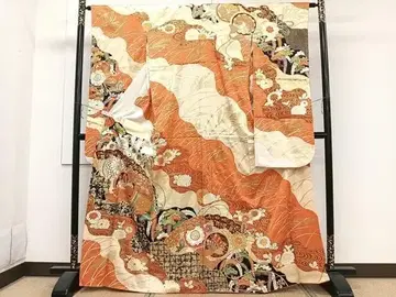 기모노 럭셔리 후리소데 부품 자수 부채 문양 꽃 금채 순수 실크 일품