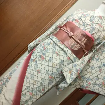 순수 실크 코몬 아이보리 바탕 핑크, 블루 격자 무늬