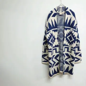 ROXY 네이비 화이트 롱 가디건 L 빅 패턴 캐주얼 신축성
