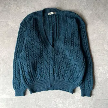 울 니트 스웨터 V넥 케이블 짜임 아카이브 청록색