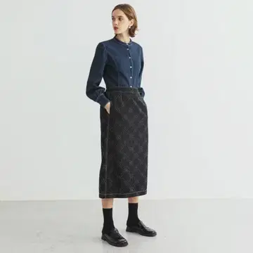 블랙 데님 체크 무늬 스커트