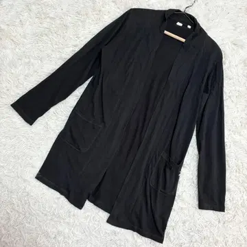 Genuine 숄 가디건 미디 기장 드레이핑 앞 포켓 블랙