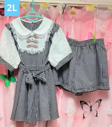 마조레티 깅엄 체크 프릴 셋업 리본 레이스 아베일