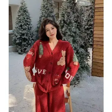 겨울 따뜻한 빨간색 룸웨어 긴팔 릴랙스 홈웨어 상하의 세트