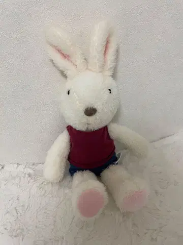 토끼 봉제 인형 빨간색과 파랑색 의류