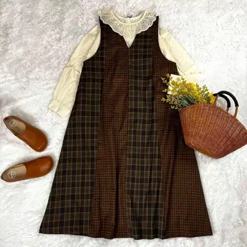 새상품 오버롤 스커트 롱 원피스 체크 브라운 프리