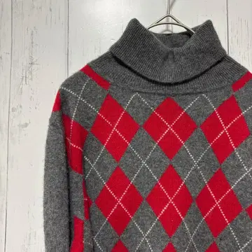 [최상의 촉감] 캐시미어 100% 아가일 무늬 터틀넥 니트 그레이 M